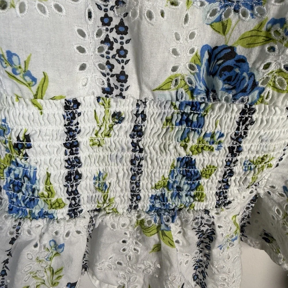 Free People Floral Printed Blossom Eyelet Blouse‎ Smocked White Combo Sz Small